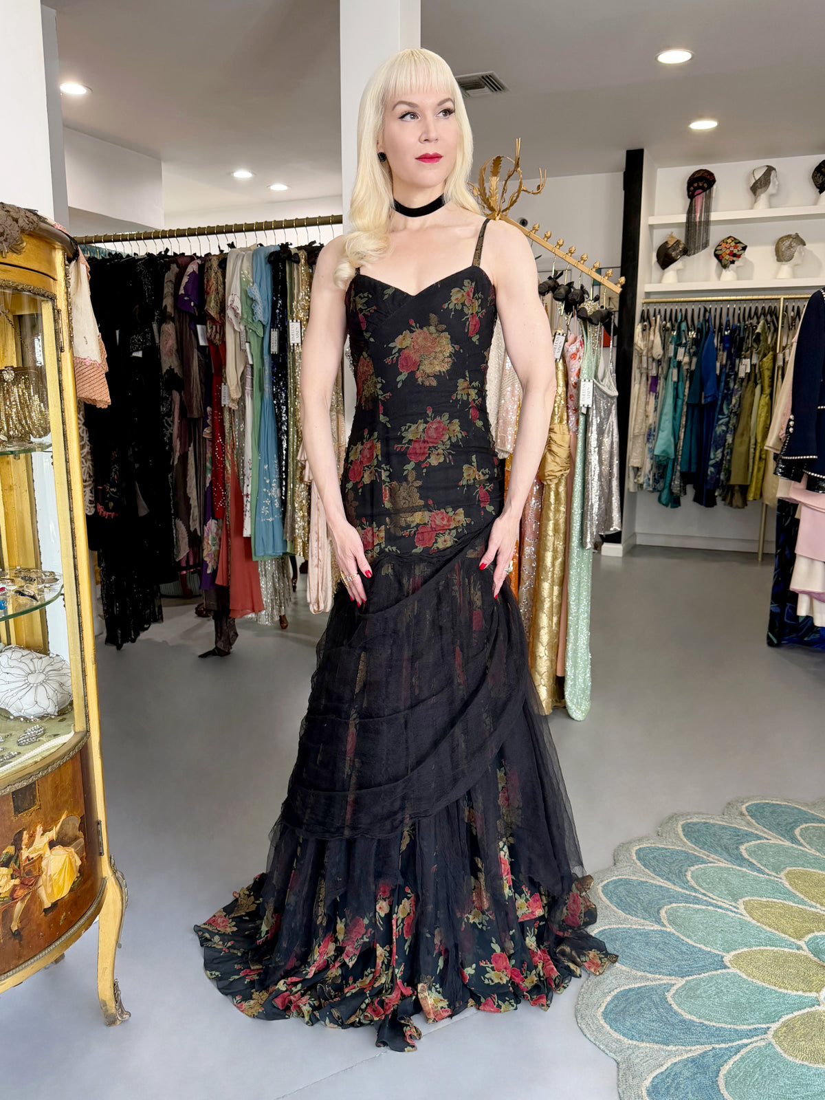 2010 Ralph Lauren Runway Metallic Floral Silk & Black Sheer Tulle Hourglass Mermaid Gown