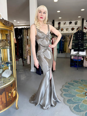 2004 Christian Dior by John Galliano Rare Sample Metallic Silk Lamé Bias-Cut High Slit Gown