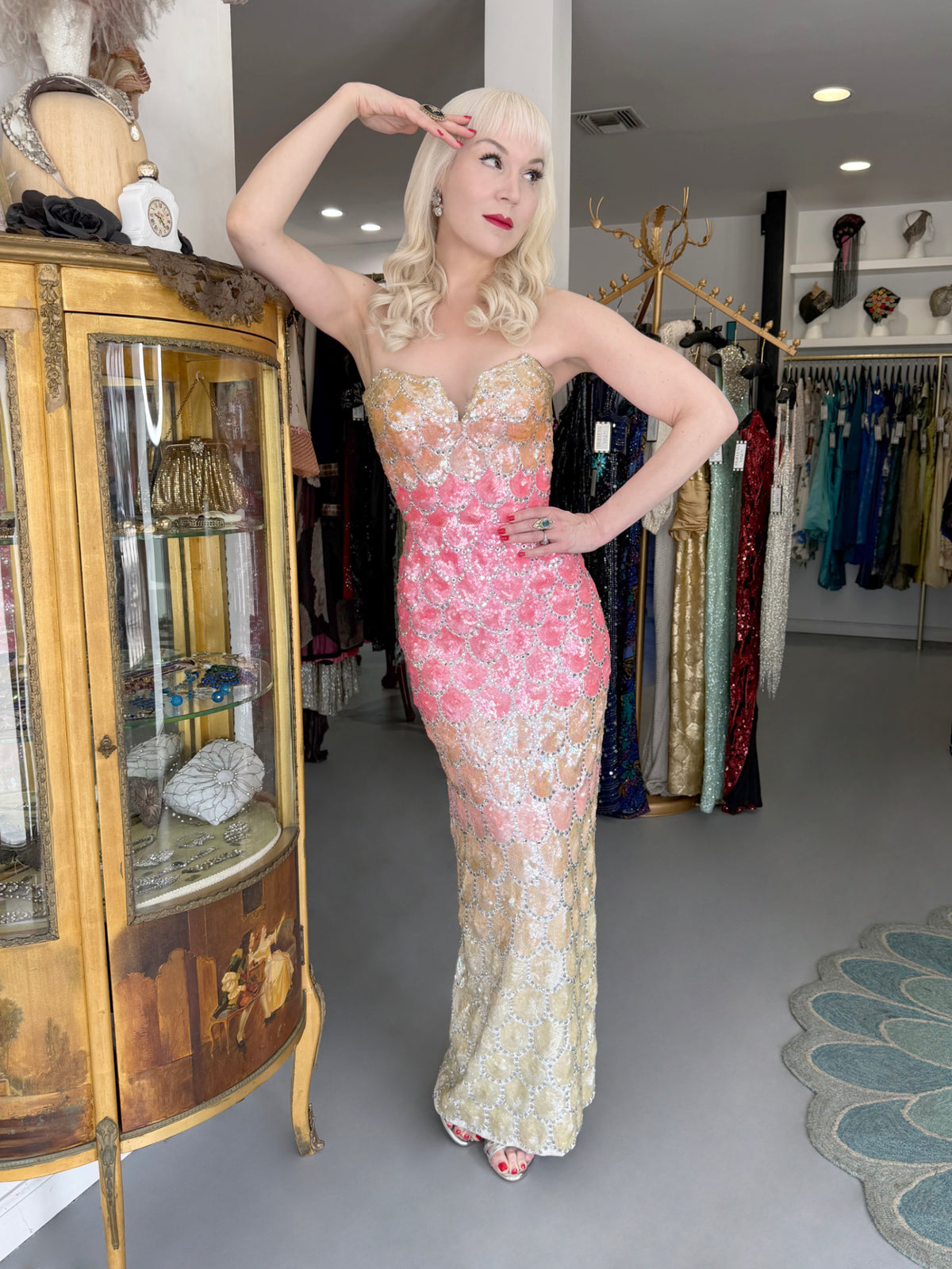 1950's Custom Couture Fully Sequin Pink Ombré Rhinestone Hourglass Gown w/ Gloves