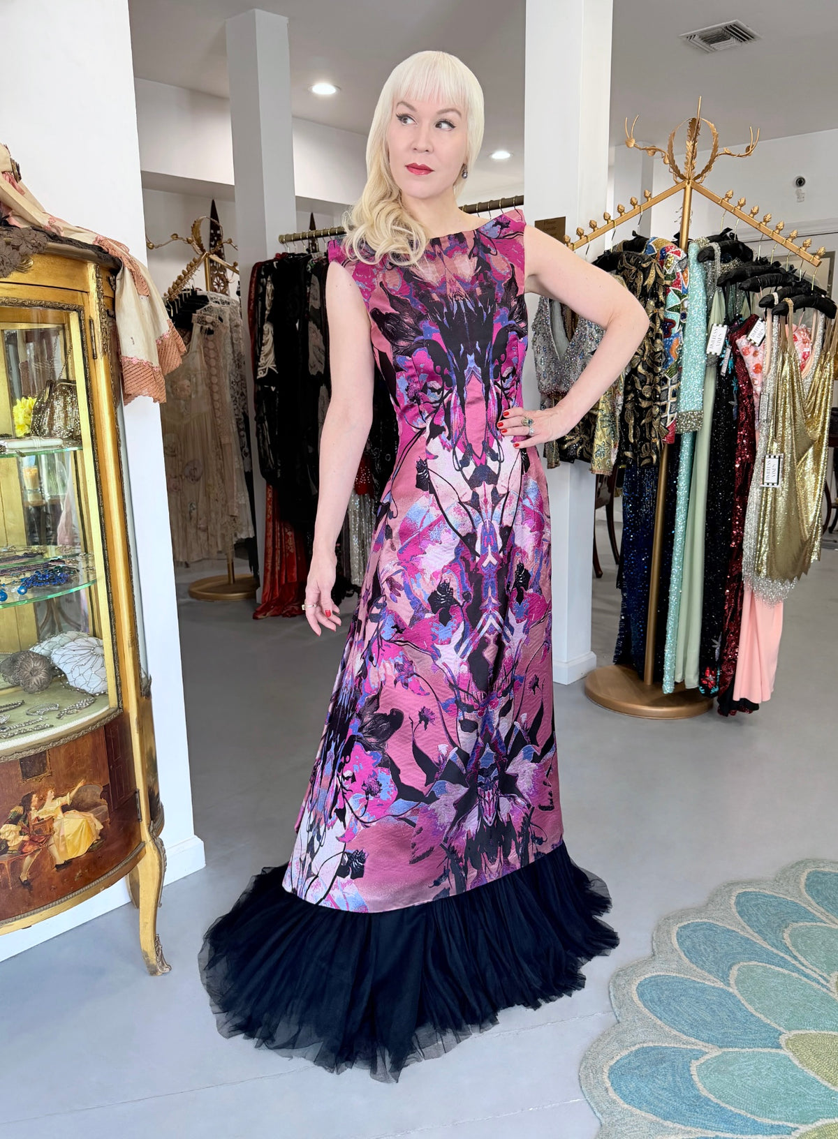 2010 Alexander McQueen Orchid Print Silk Jacquard &amp; Tulle Asymmetric Bustle Gown