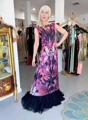 2010 Alexander McQueen Orchid Print Silk Jacquard & Tulle Asymmetric Bustle Gown