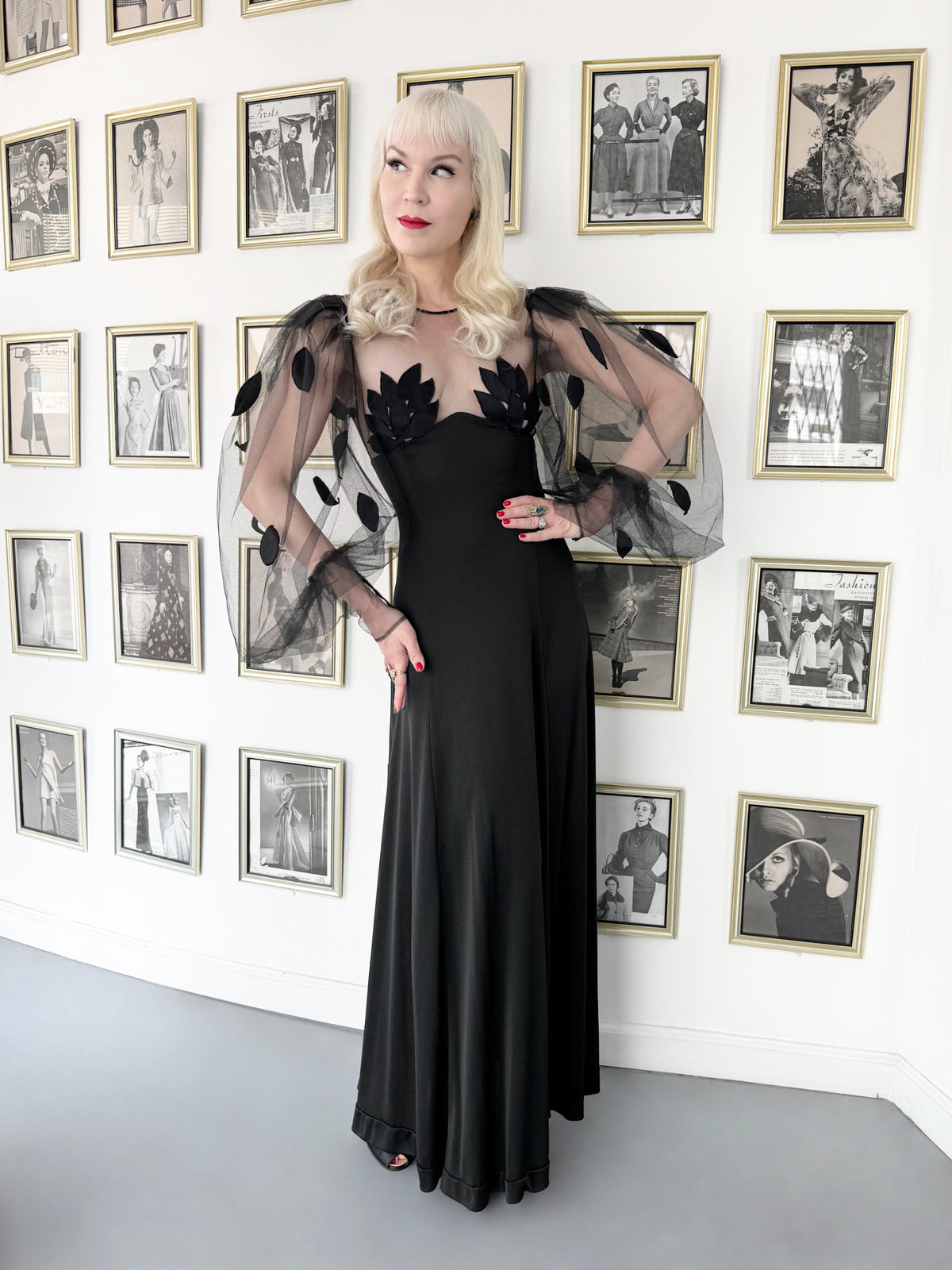 1979 Loris Azzaro Black Silk Jersey Sheer Illusion Petal Appliqué Billow-Sleeve Gown