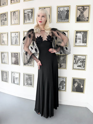 1979 Loris Azzaro Black Silk Jersey Sheer Illusion Petal Appliqué Billow-Sleeve Gown