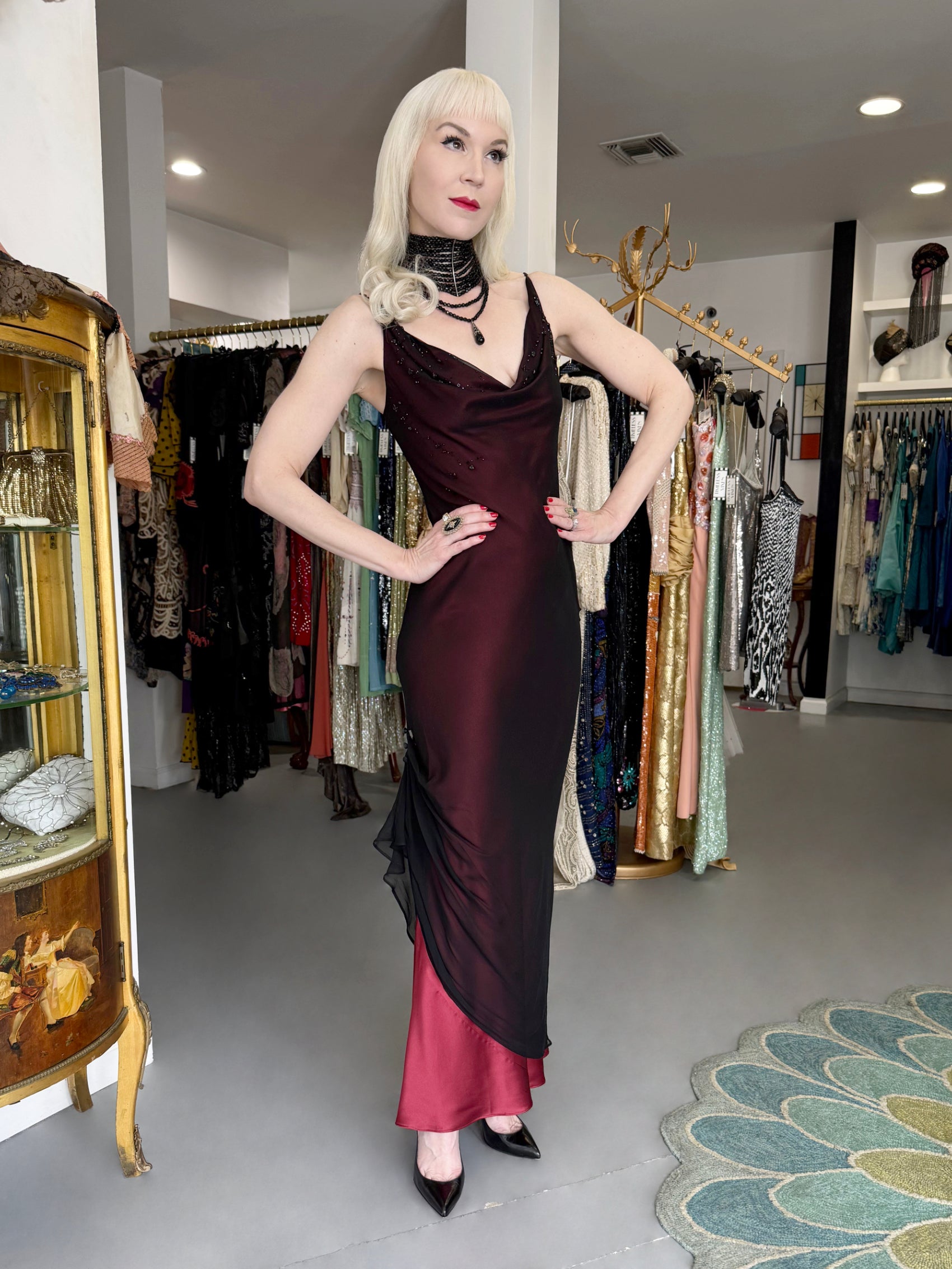 2000 John Galliano Beaded Sheer Black Silk Chiffon & Red Satin Gown
