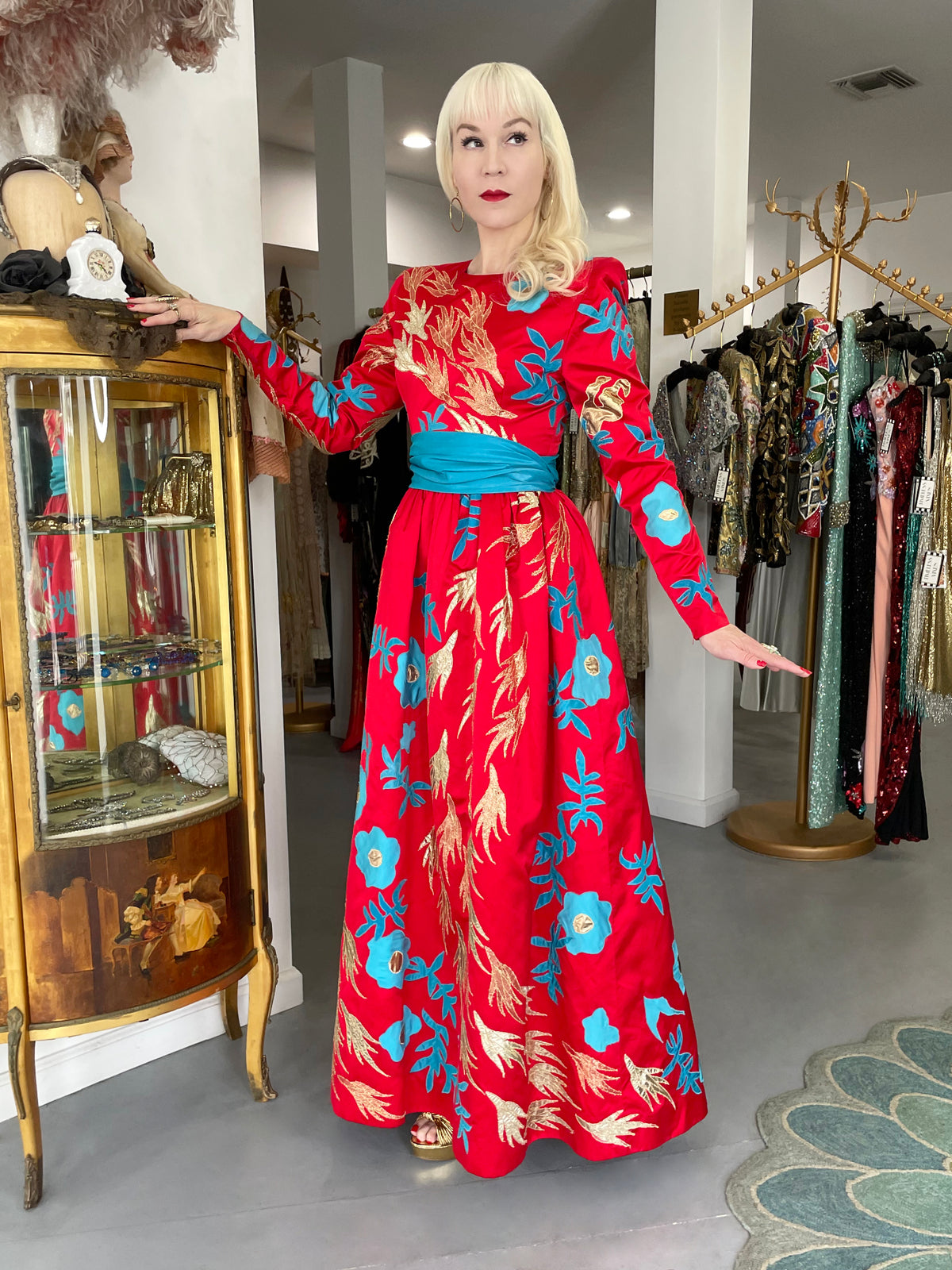 1986 Givenchy Haute Couture Metallic Appliquéd Satin Sash-Waist Gown