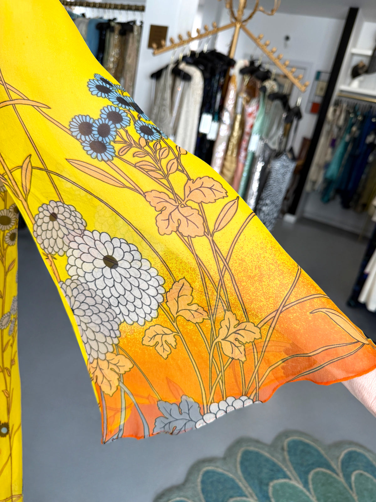 1972 Hanae Mori Couture Vogue Editorial Sunset Ombrè Floral Silk Gown & Matching Sheer Jacket