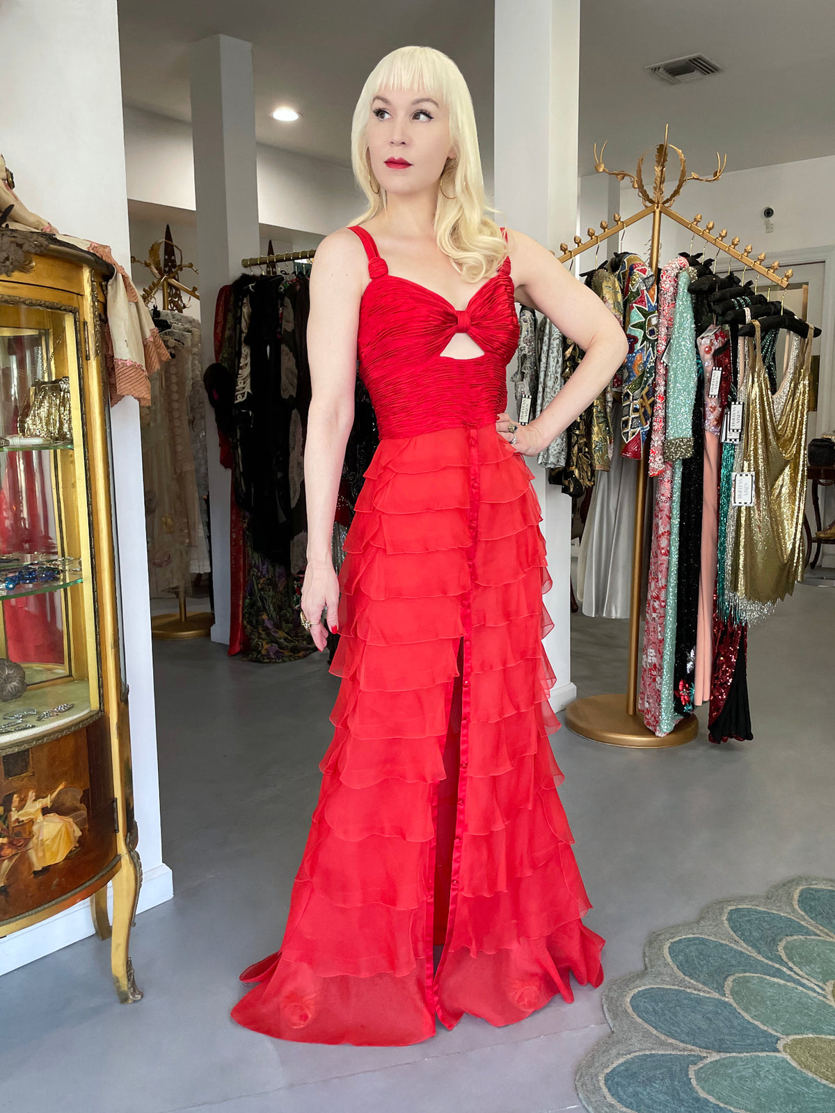 2005 Valentino Runway Iconic Red Ruched Silk Cut-Out Tiered Ruffle Gown