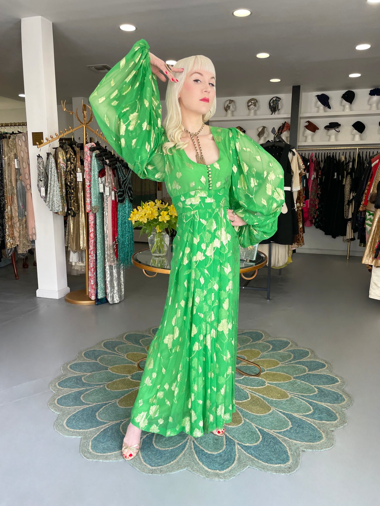 1974 Thea Porter Couture Metallic Green Sheer Silk Billow-Sleeve Maxi Dress