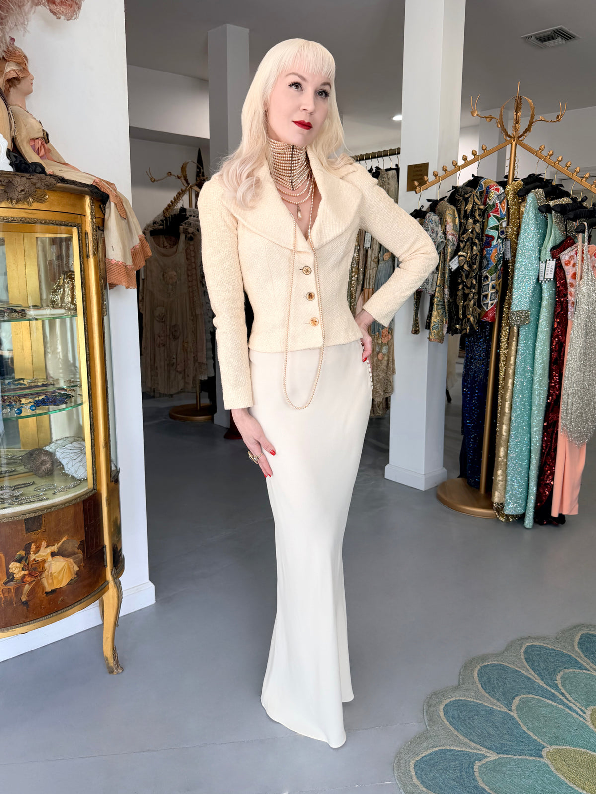 1998 John Galliano 'Haut Bohème' Collection Ivory Fitted Textural Jacket & Bias-Cut Maxi Skirt Set