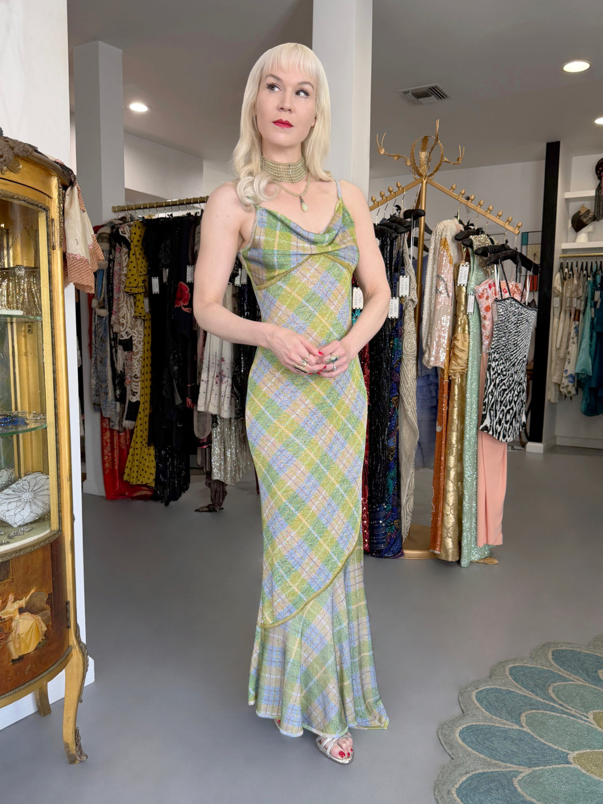 2000 John Galliano Metallic Plaid Lurex Knit Bias-Cut Maxi Dress w/ Matching Cardigan