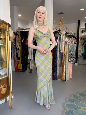 2000 John Galliano Metallic Plaid Lurex Knit Bias-Cut Maxi Dress w/ Matching Cardigan