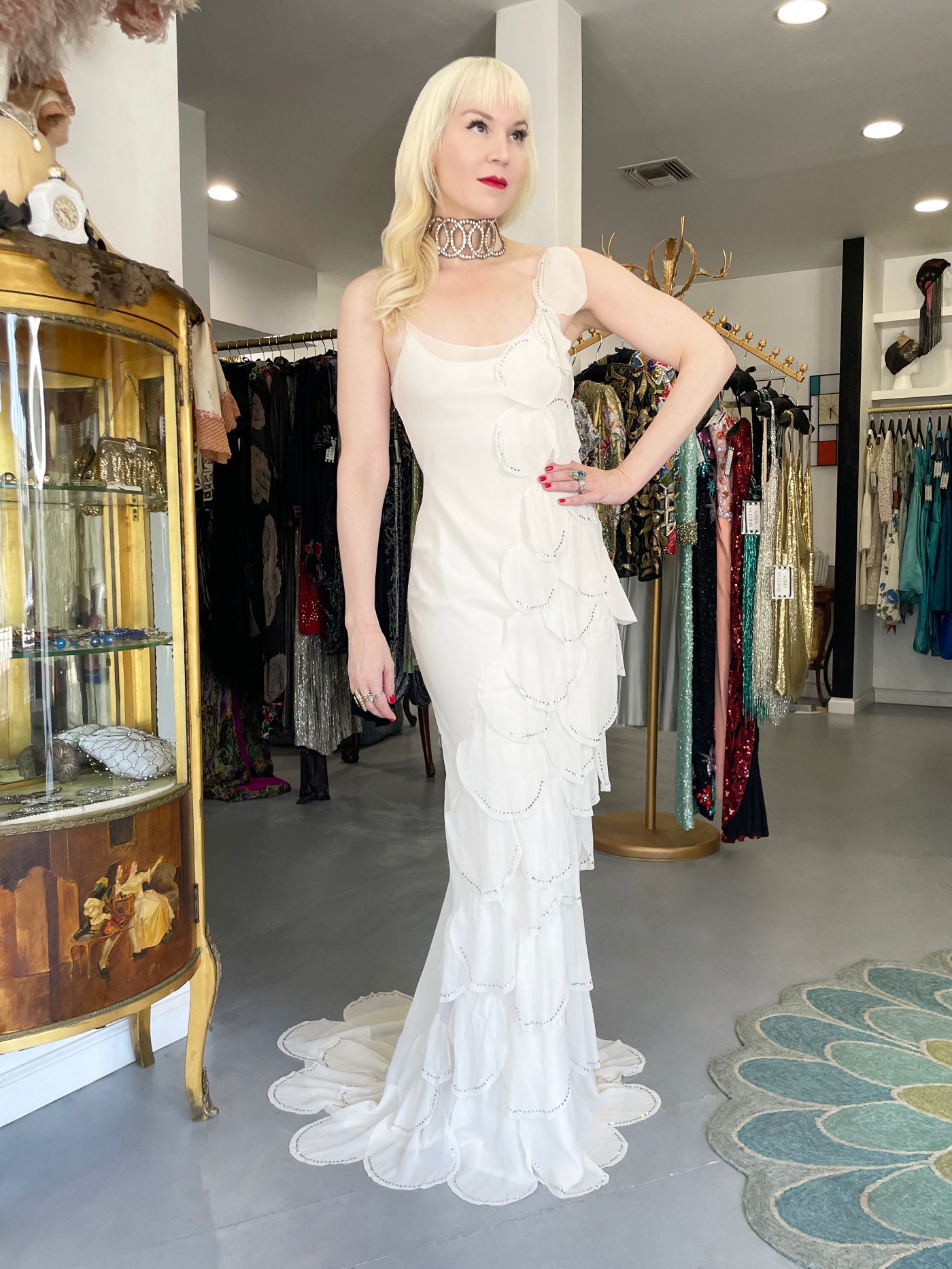 1990 Angelo Tarlazzi Paris Couture Ivory Silk Rhinestone Petals Bias-Cut Trained Gown