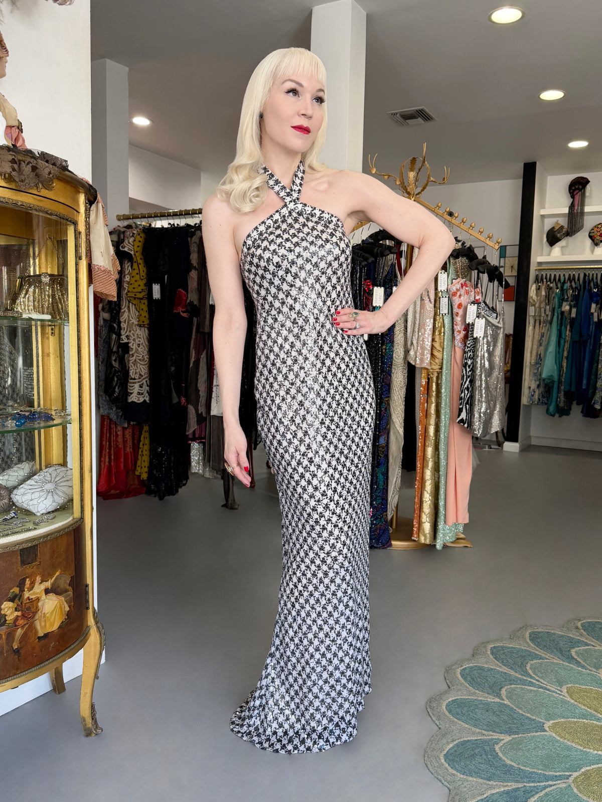 1984 Chanel by Karl Lagerfeld Black & White Sequin Houndstooth Silk Bias-Cut Halter Gown