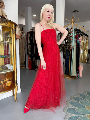 2001 Giorgio Armani 'Kate Moss for Vogue' Magazine Cover Fully-Beaded Ruby Red Silk Tulle Finale Gown