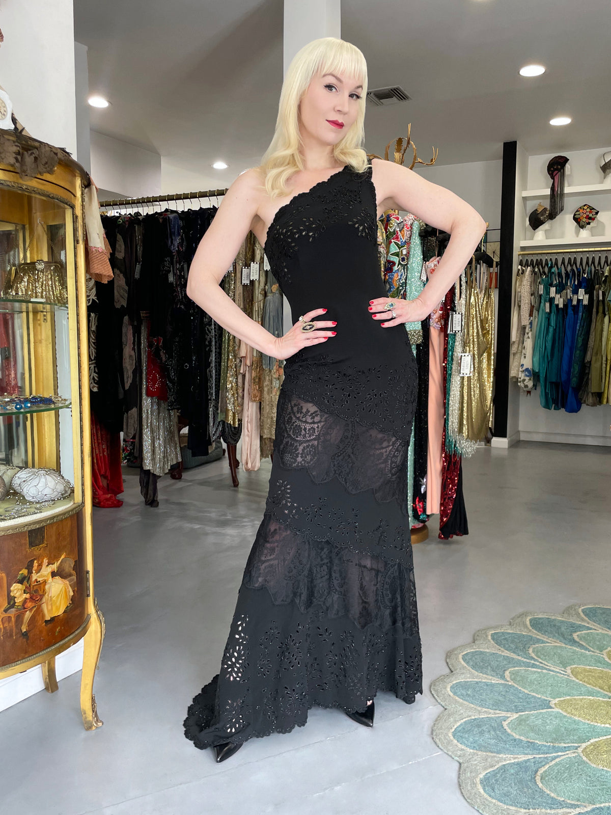 1998 Valentino Runway Black Beaded Cut-Out Silk &amp; Sheer Lace Bias-Cut Gown