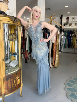 2003 Christian Dior by John Galliano Metallic Powder Blue Floral Silk Brocade Lace Up Bias-Cut Gown