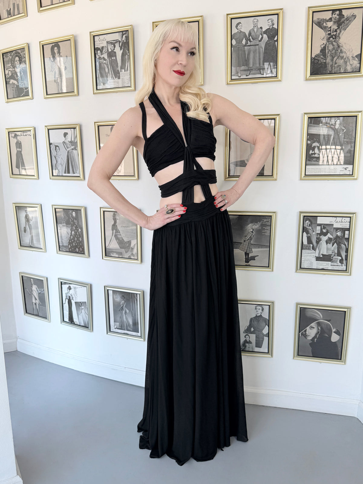 1995 Chanel by Karl Lagerfeld Iconic Runway Campaign Black Cut-Out High Slit Maxi Dress