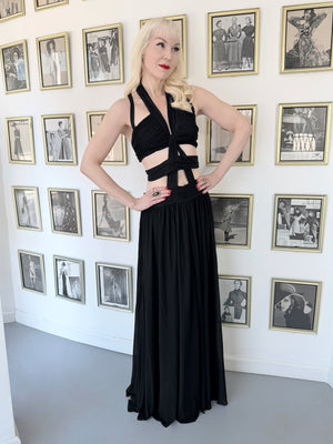 1995 Chanel by Karl Lagerfeld Iconic Runway Campaign Black Cut-Out High Slit Maxi Dress