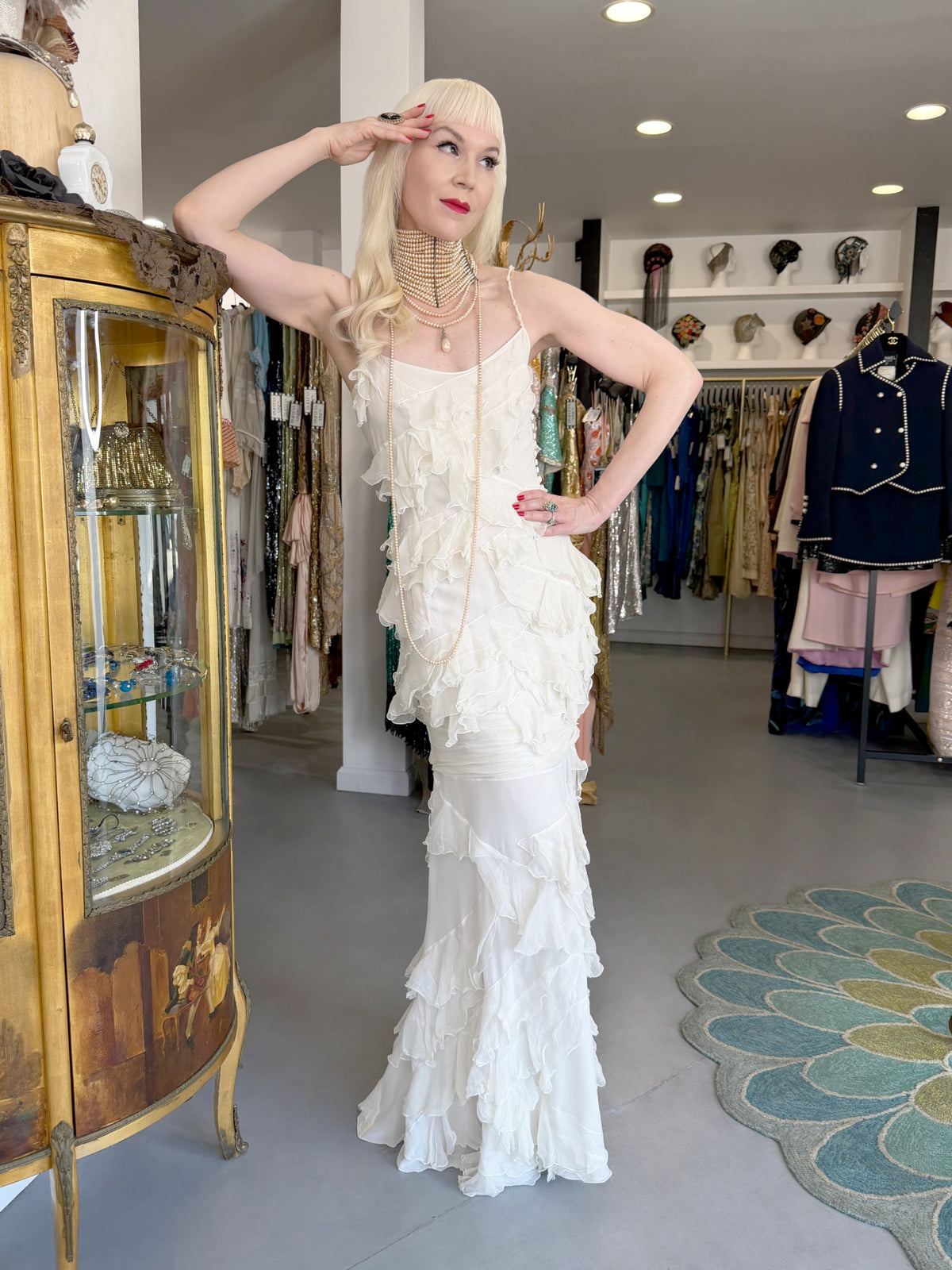 2006 John Galliano Ivory Tiered Ruffle Sheer Silk Chiffon Pearl Straps Bias-Cut Slip Gown