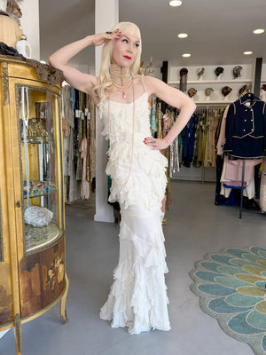 2006 John Galliano Ivory Tiered Ruffle Sheer Silk Chiffon Pearl Straps Bias-Cut Slip Gown