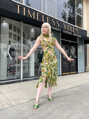 2005 John Galliano Green & Beige Floral Print Silk Tiered Ruffle Bias-Cut Dress