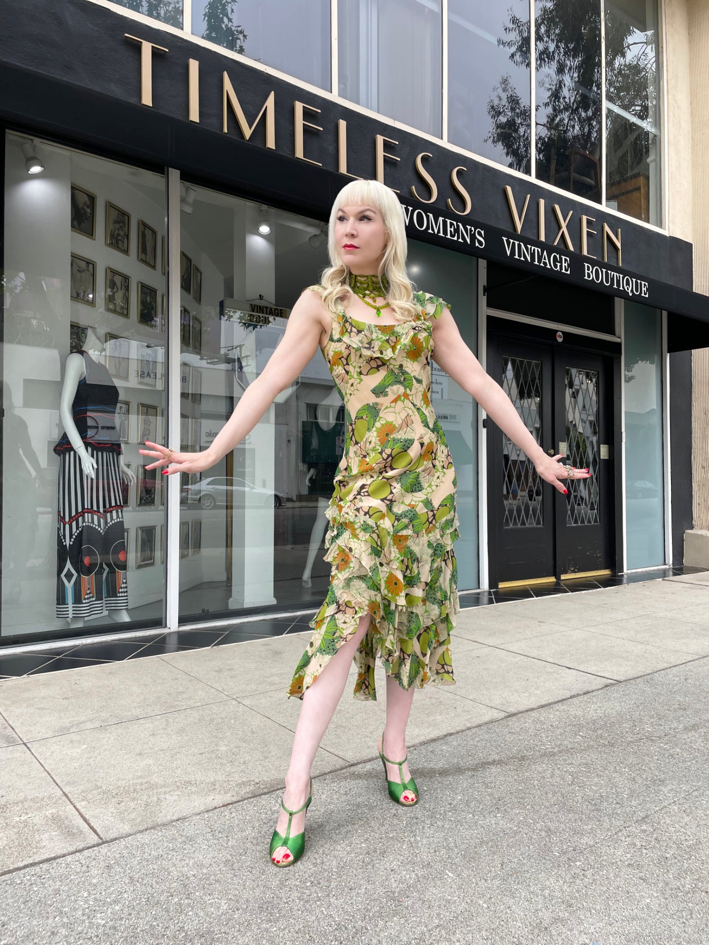Vintage 2005 John Galliano Green & Beige Floral Print Silk Tiered Ruffle Bias-Cut Dress - Timeless Vixen Vintage 2005 John Galliano Green & Beige Floral Print Silk Tiered Ruffle Bias-Cut Dress - Timeless Vixen