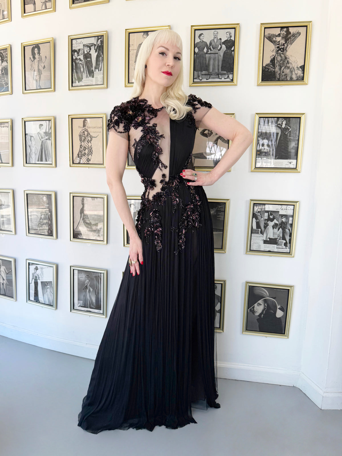2012 Gucci Runway Editorial Heavily Embellished Sequin Sheer Black Pleated Tulle Gown