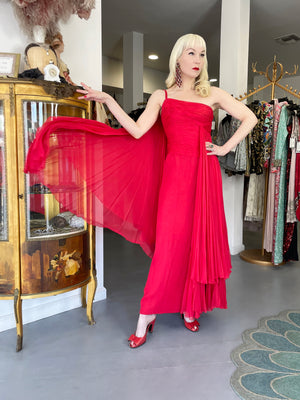 1960's Martha Weathered Couture Ruby-Red Pleated Silk Draped Goddess Gown