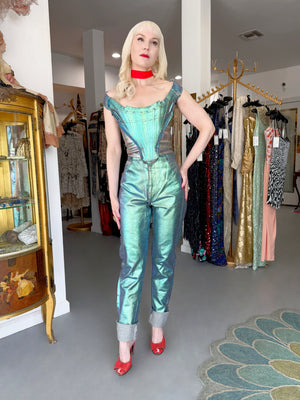 1993 Vivienne Westwood Runway Metallic Foiled Denim Corset Bustier & Matching Pants