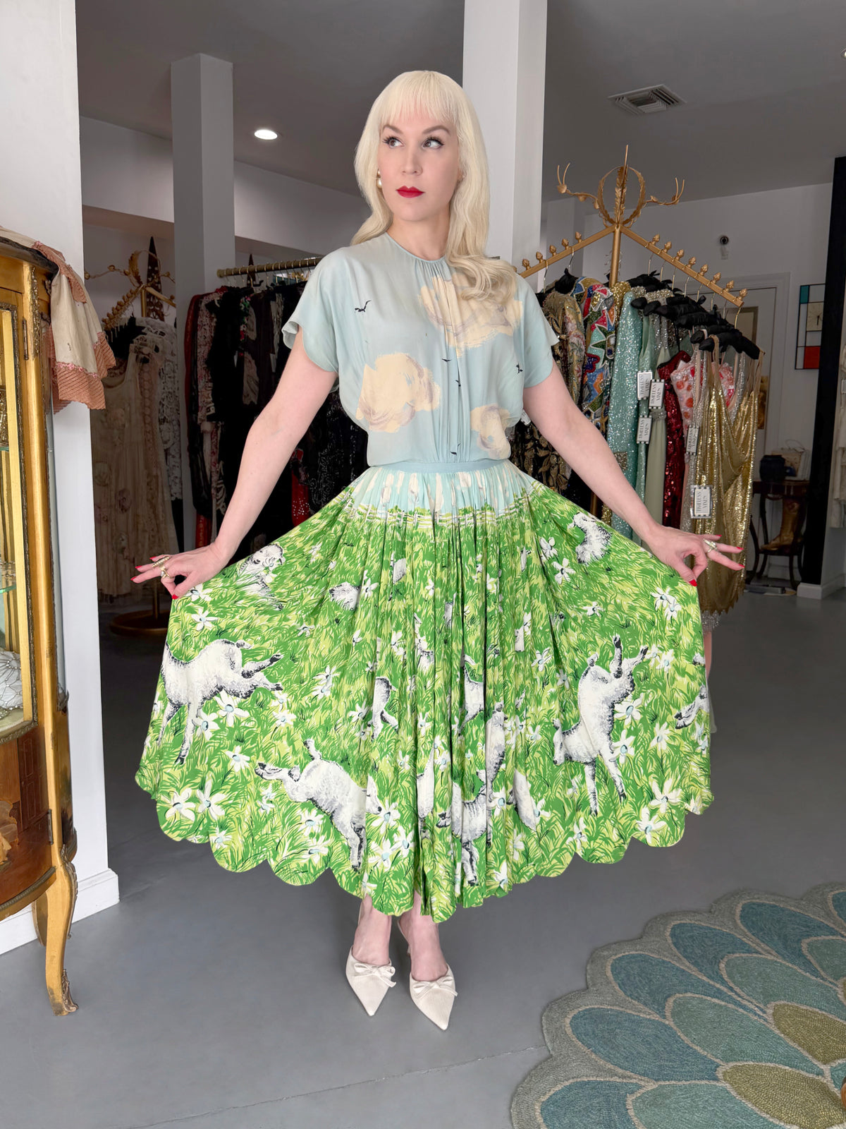 1942 Gilbert Adrian Iconic 'Gamboling Lambs' Scenic Print Scalloped Patio Dress