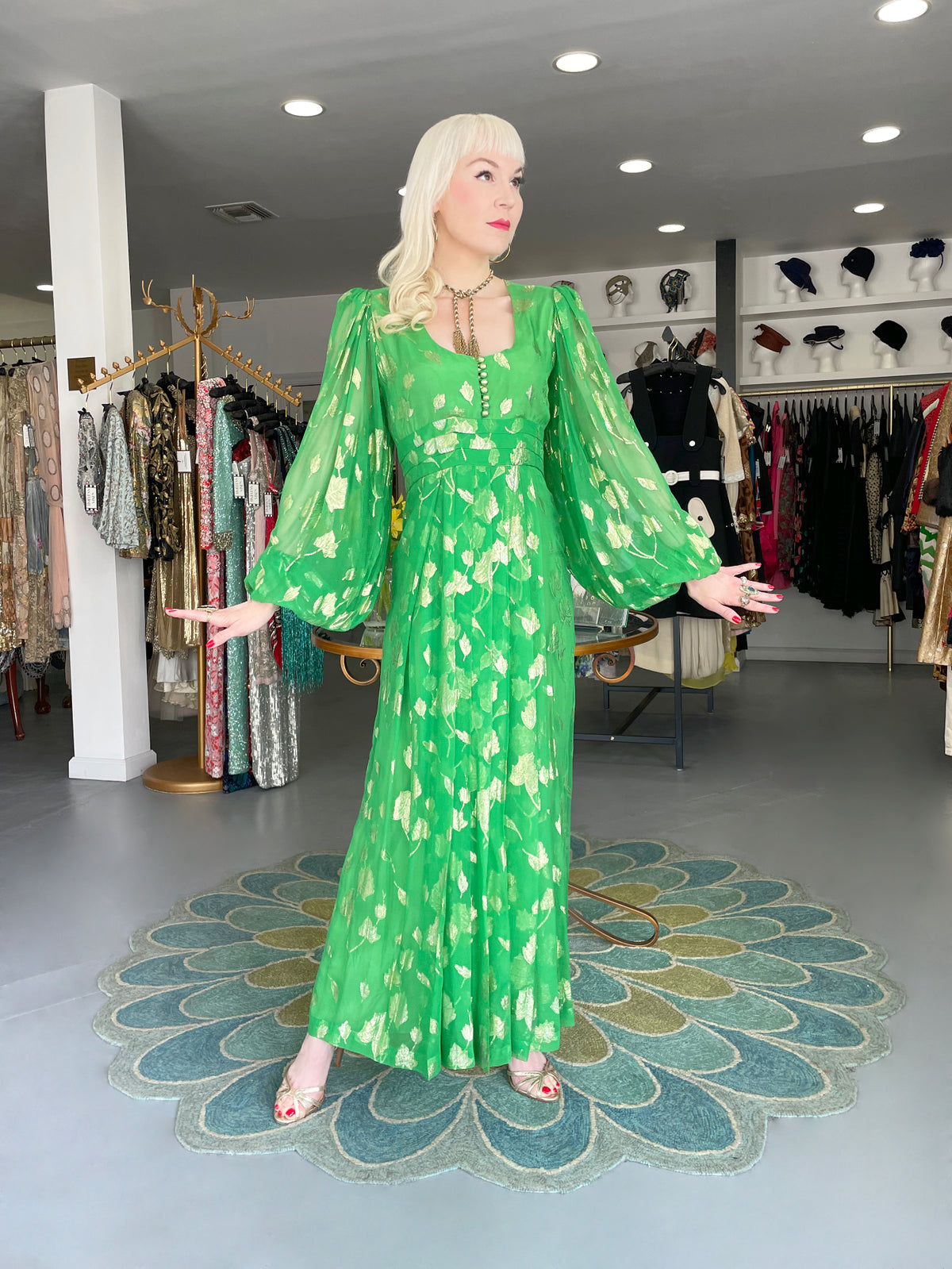 1974 Thea Porter Couture Metallic Green Sheer Silk Billow-Sleeve Maxi Dress