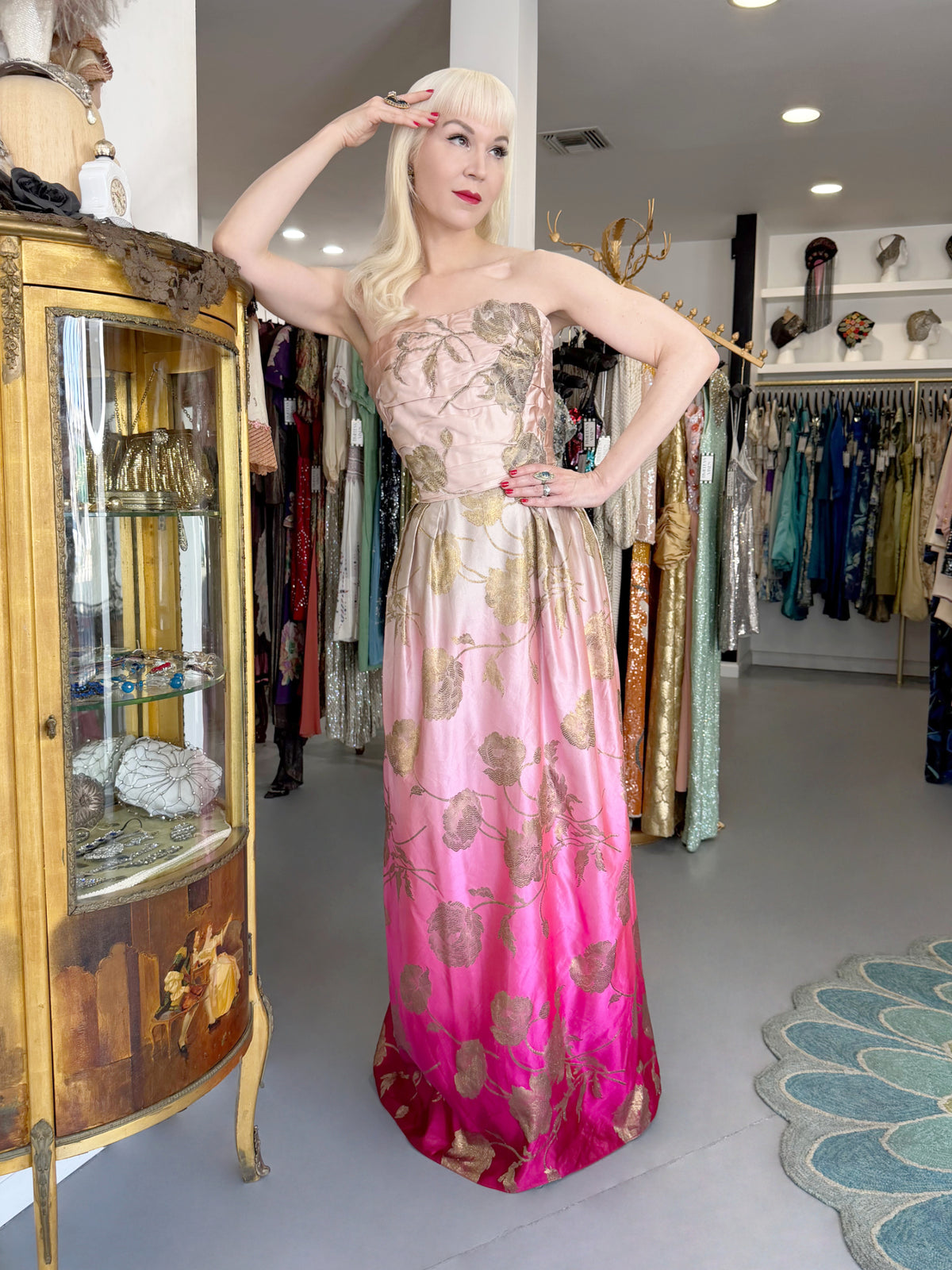 1950’s Philip Hulitar Couture Metallic Floral Ombré Pink Silk Satin Appliquéd Strapless Gown