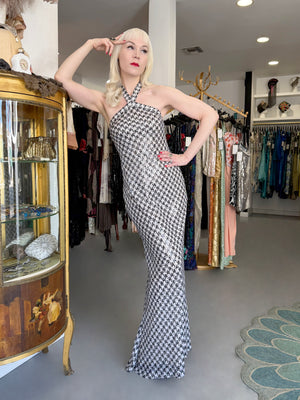 1984 Chanel by Karl Lagerfeld Black & White Sequin Houndstooth Silk Bias-Cut Halter Gown
