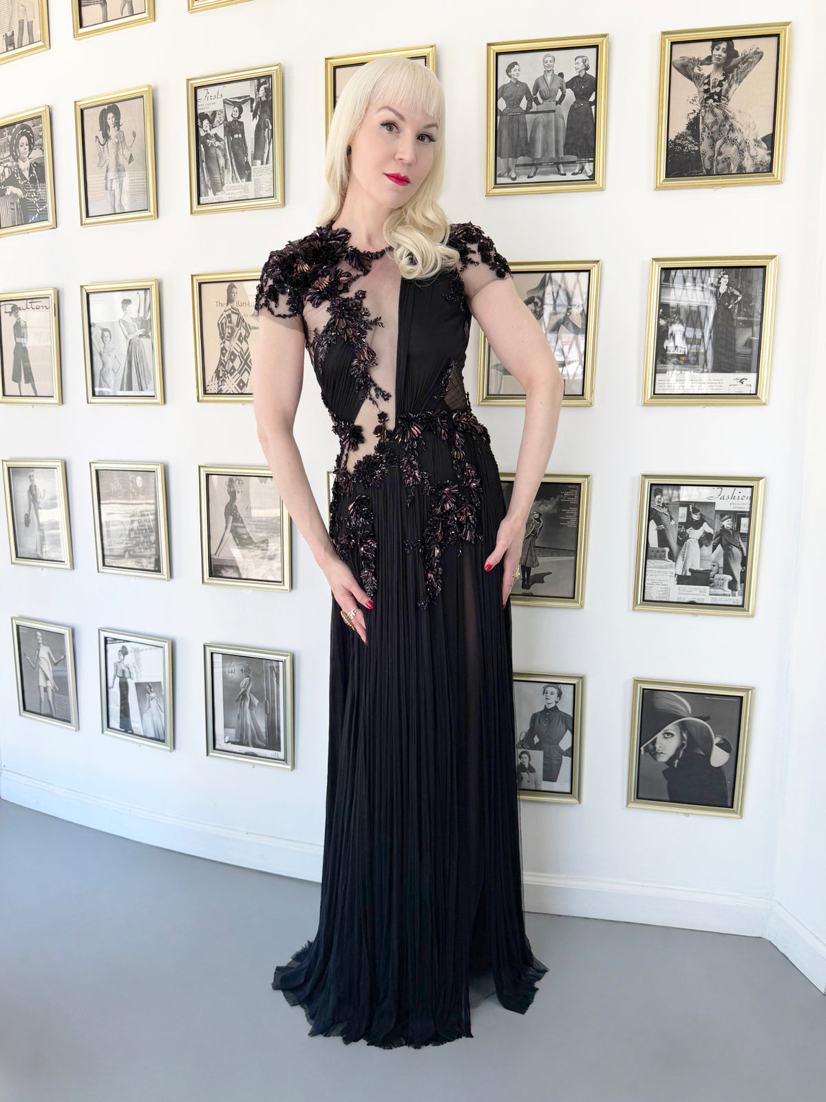 2012 Gucci Runway Editorial Heavily Embellished Sequin Sheer Black Pleated Tulle Gown