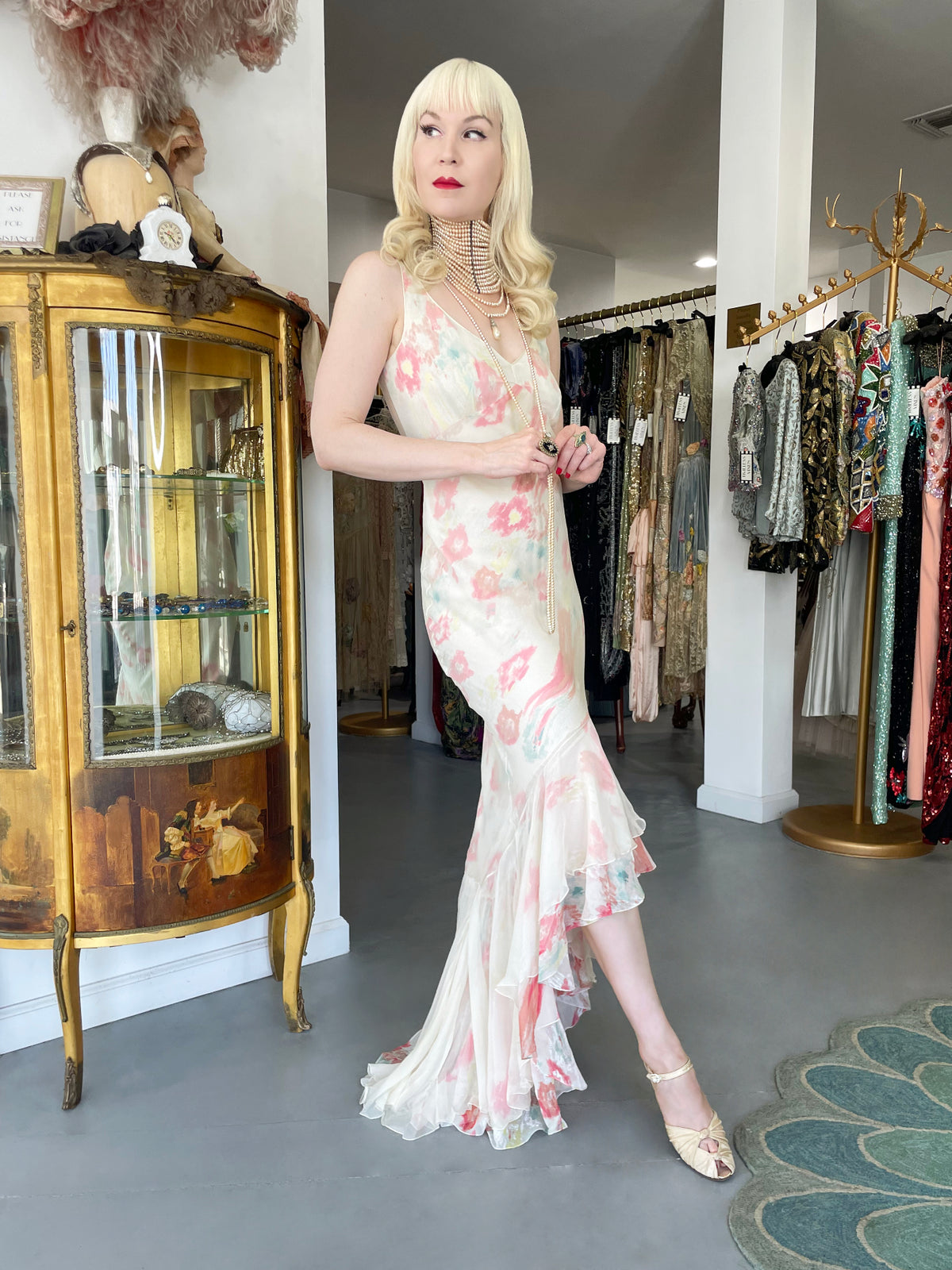 2008 John Galliano &#39;Grey Gardens&#39; Collection Floral Silk High Low Bias-Cut Gown