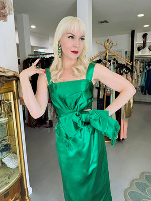 1958 Christian Dior by Yves Saint Laurent Emerald Green Satin Sash-Bow Cocktail Dress