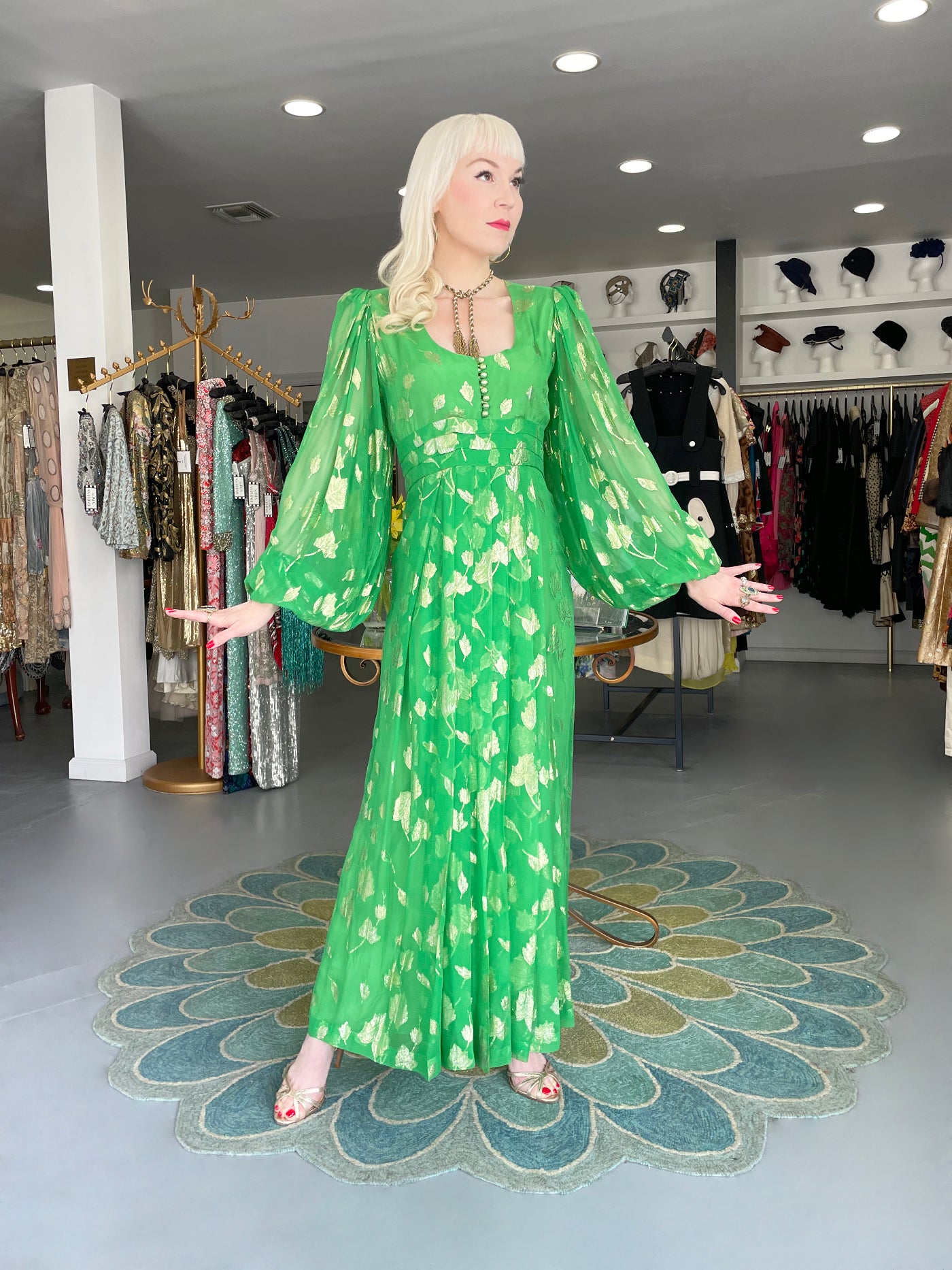 Vintage 1974 Thea Porter Couture Metallic Green Sheer Silk Billow-Sleeve Maxi Dress - Timeless Vixen Vintage 1974 Thea Porter Couture Metallic Green Sheer Silk Billow-Sleeve Maxi Dress - Timeless Vixen