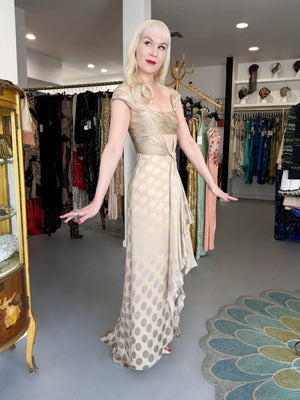 2008 Valentino Runway Polka-Dot Champagne & Silver Silk Ruched Cut-Out Gown