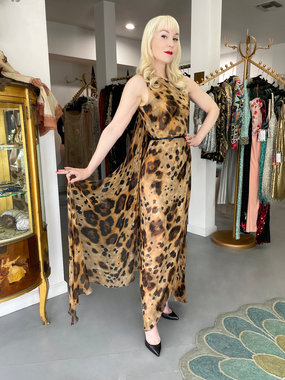 1996 Valentino Runway Editorial Leopard Print Sheer Silk Draped-Sash Gown