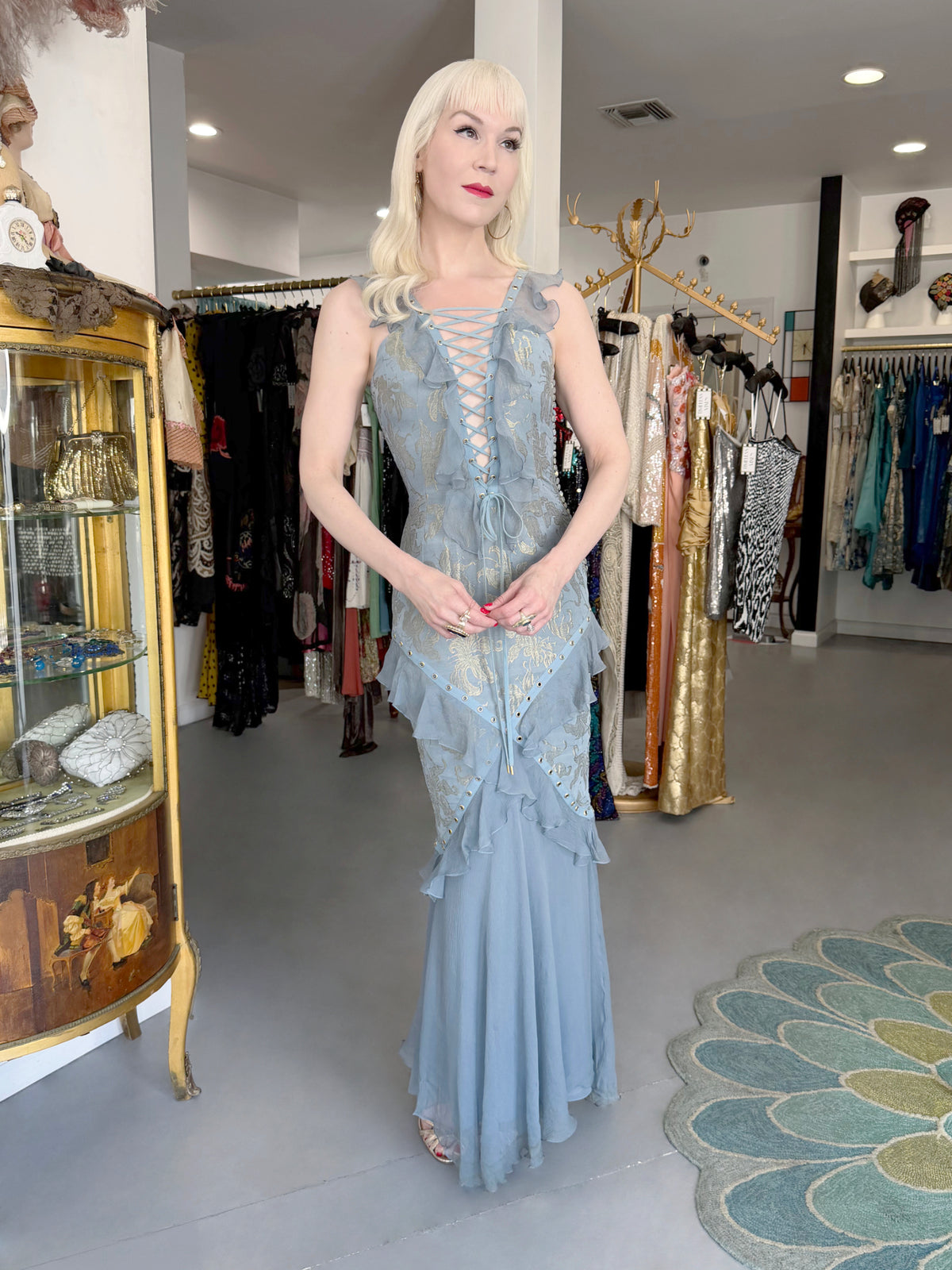 2003 Christian Dior by John Galliano Metallic Powder Blue Floral Silk Brocade Lace Up Bias-Cut Gown