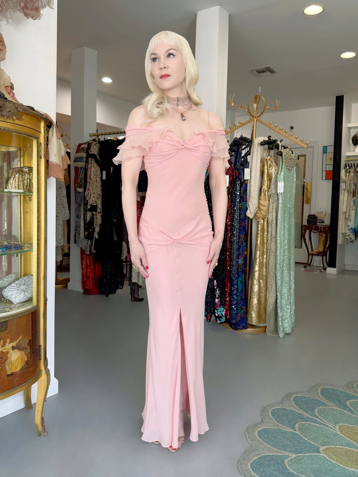 2004 Christian Dior by John Galliano Light Pink Silk Draped Shawl High Slit Bias-Cut Gown