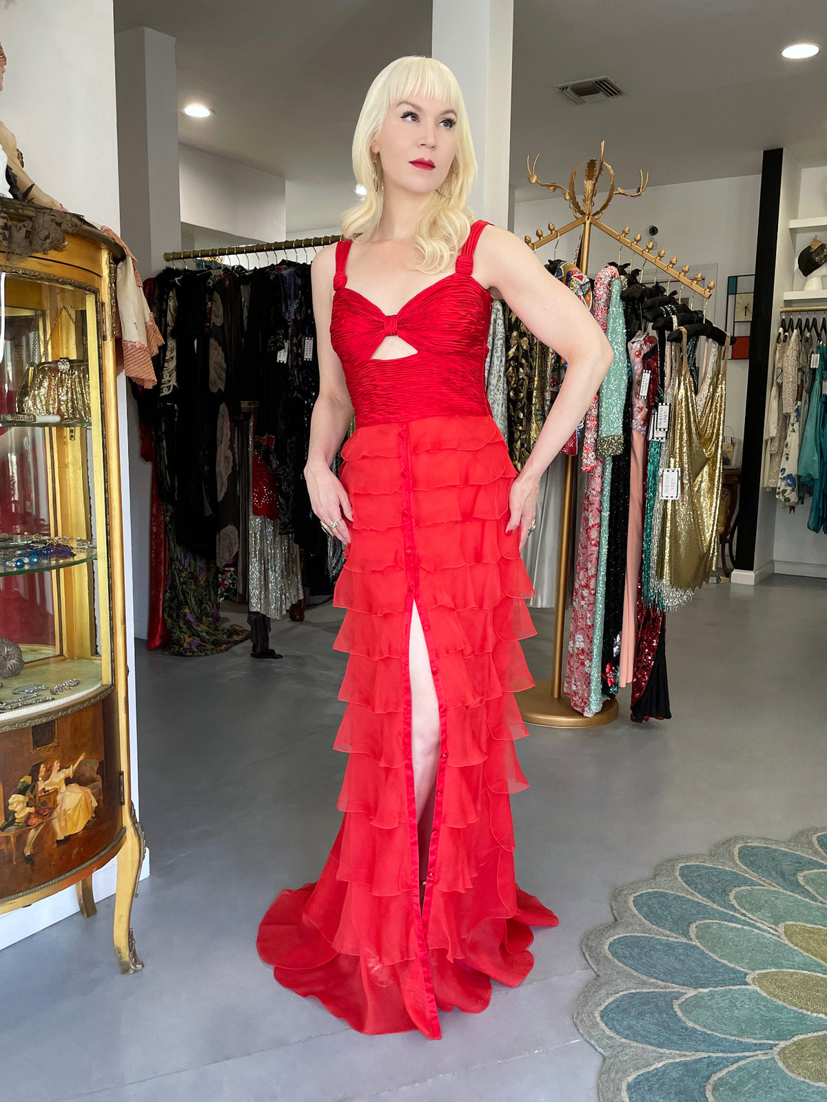 2005 Valentino Runway Iconic Red Ruched Silk Cut-Out Tiered Ruffle Gown