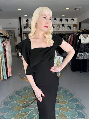 1998 Yohji Yamamoto Runway Black Crepe Asymmetric Avant-Garde Bias Cut Dress