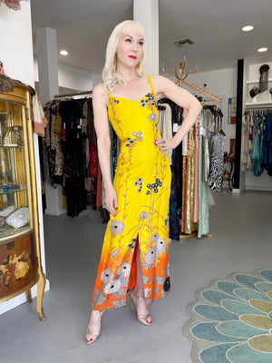 1972 Hanae Mori Couture Vogue Editorial Sunset Ombrè Floral Silk Gown & Matching Sheer Jacket
