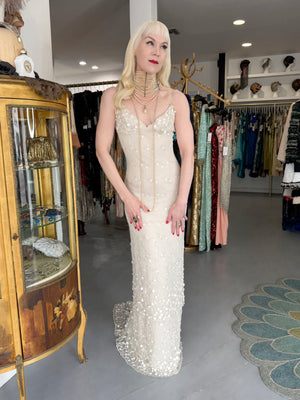 2004 Randi Rahm Couture Embroidered Metallic Ivory Lace Appliqué Trained Slip Gown