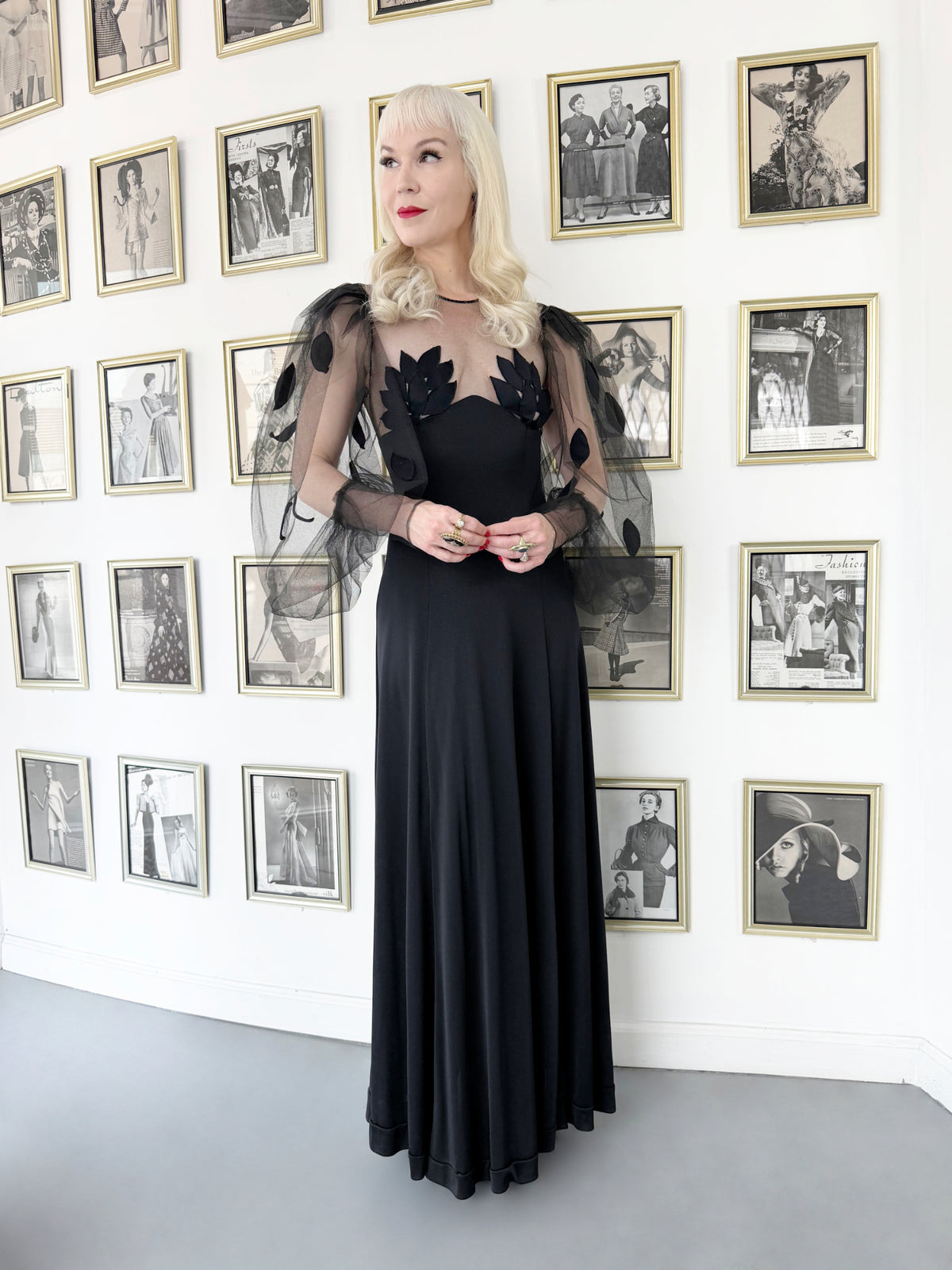 1979 Loris Azzaro Black Silk Jersey Sheer Illusion Petal Motif Billow-Sleeve Gown