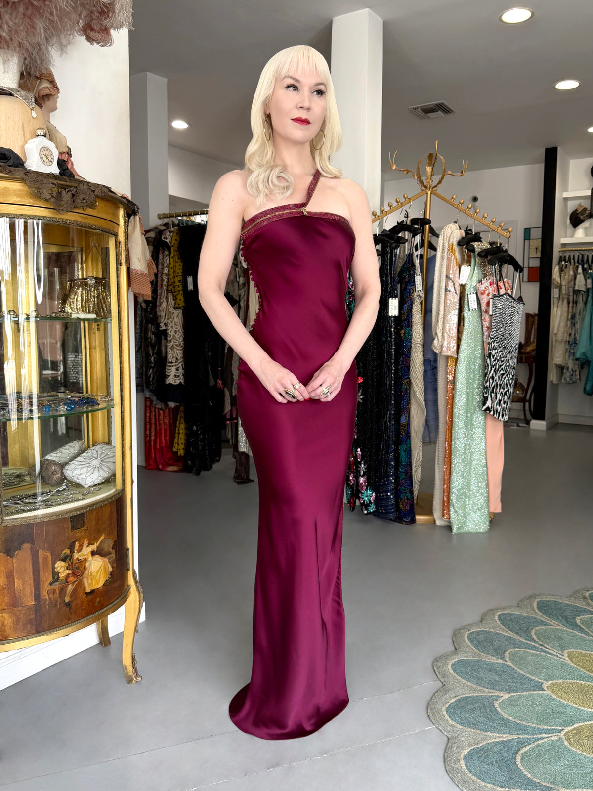 2001 Christian Dior by John Galliano Wine-Red Silk Snakeskin Zippers High Slit Bias-Cut Gown