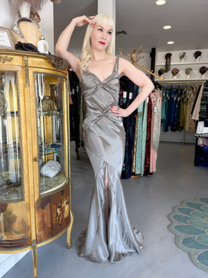 2004 Christian Dior by John Galliano Rare Sample Metallic Silk Lamé Bias-Cut High Slit Gown