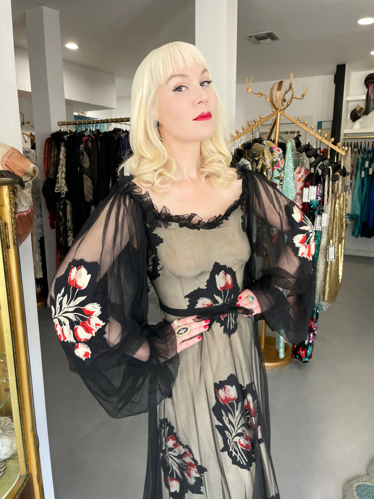 1936 Ginger Rodgers for Lettie Lee ‘Old Hollywood’ Floral Silk Appliqué Billow Sleeve Dress