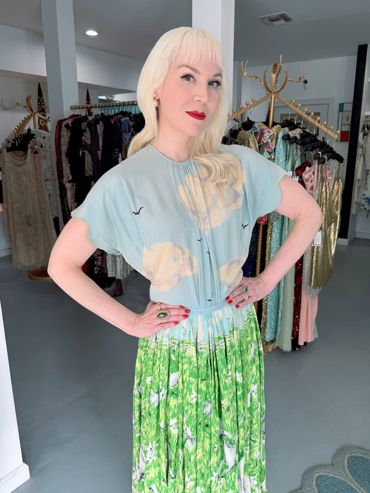 1942 Gilbert Adrian Iconic 'Gamboling Lambs' Scenic Print Scalloped Patio Dress